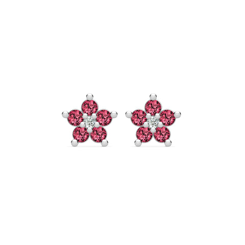 Greenwich Mini Flower Ruby & Diamond Earrings in 14k Gold (July) - White Gold