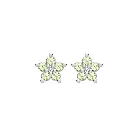 Greenwich Mini Flower Peridot & Diamond Earrings in 14k Gold (August) - White Gold