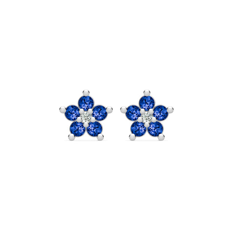 Greenwich Mini Flower Sapphire & Diamond Earrings in 14k Gold (September) - White Gold