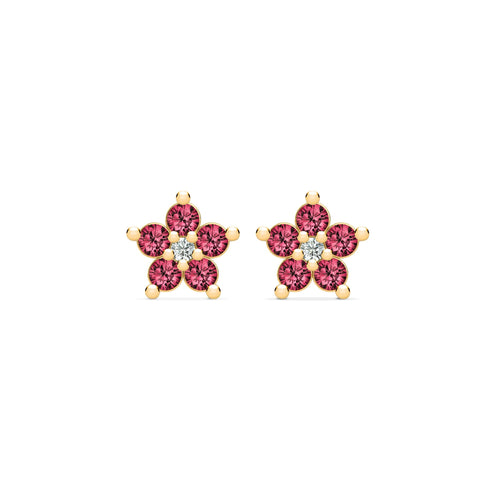 Greenwich Mini Flower Ruby & Diamond Earrings in 14k Gold (July)