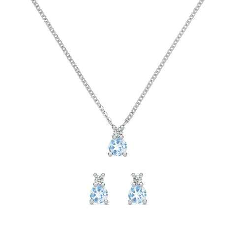 Greenwich Solitaire Aquamarine & Diamond Necklace and Earrings Set in 14k Gold (March) - White Gold