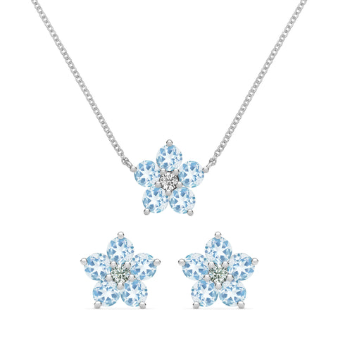 Greenwich Flower Aquamarine & Diamond Necklace and Earrings Set in 14k Gold (March) - White Gold