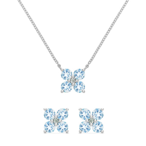 Greenwich 4 Aquamarine & Diamond Necklace and Earrings Set in 14k Gold (March) - White Gold