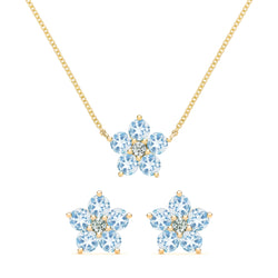Greenwich Flower Aquamarine & Diamond Necklace and Earrings Set in 14k Gold (March)