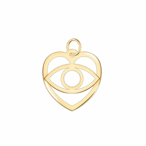 Small flat heart pendant in yellow 14k gold with an evil eye symbol, shown without a chain to focus on the cut-out design and symbolism.
