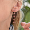 Woman with a Newport earring with five 4 mm briolette cut pink tourmalines bezel set in 14k yellow gold