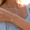 Woman wearing layered personalized Bayberry necklaces,  personalized Bayberry bracelet, Mia bracelet, and Newport bracelet.