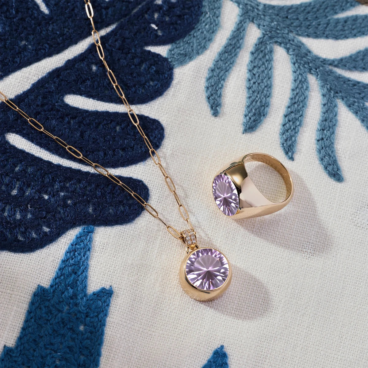 Jamestown Rose de France Amethyst Pendant with Diamond Bail in 14k Gold (February)