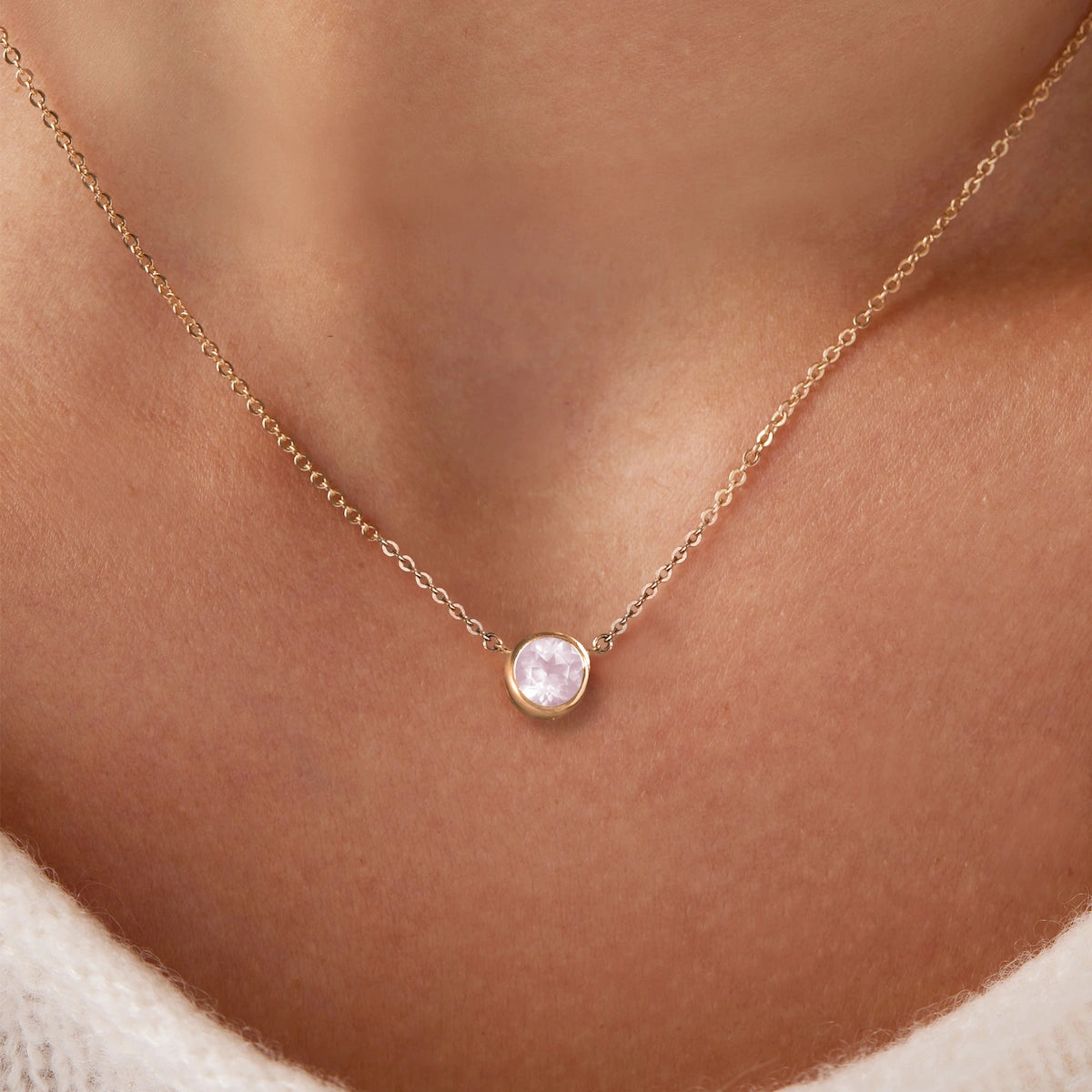 Jamestown Rose Quartz Solitaire Necklace in 14k Gold (October)