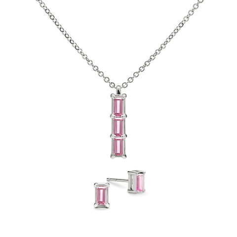 Providence 3 Pink Sapphire Pendant and Stud Earrings Set in 14k Gold (October) - White Gold