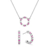 White gold Rosecliff small open circle necklace and huggie earrings with alternating 2 mm diamonds & pink sapphires