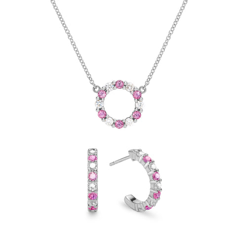 Rosecliff Small Circle Diamond & Pink Sapphire Necklace and Huggie Hoops Set in 14k Gold (October) - White Gold