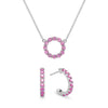 Rosecliff small open circle necklace and huggie earrings featuring 2 mm pink sapphires prong set in 14k white gold