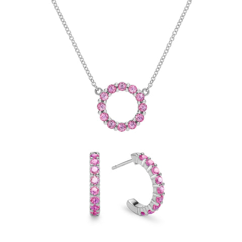 Rosecliff Small Circle Pink Sapphire Necklace and Huggie Hoops Set in 14k Gold (October) - White Gold