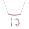 Rosecliff bar necklace and huggie earrings featuring 2 mm faceted round cut pink sapphires prong set in 14k white gold