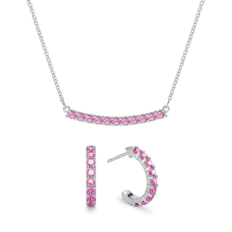 Rosecliff Pink Sapphire Necklace and Huggie Hoops Set in 14k Gold (October) - White Gold