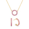 Rosecliff small open circle necklace and huggie earrings featuring 2 mm pink sapphires prong set in 14k gold - front view