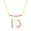 Rosecliff bar necklace and huggie earrings featuring 2 mm round cut pink sapphires prong set in 14k gold - front view