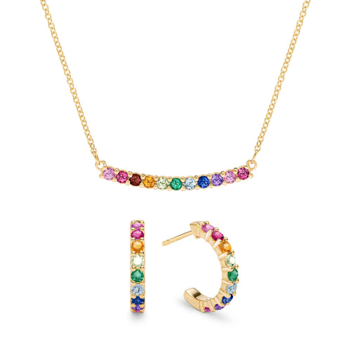 Rainbow Rosecliff Bar Necklace and Huggie Hoop Earrings Set in 14k Gold