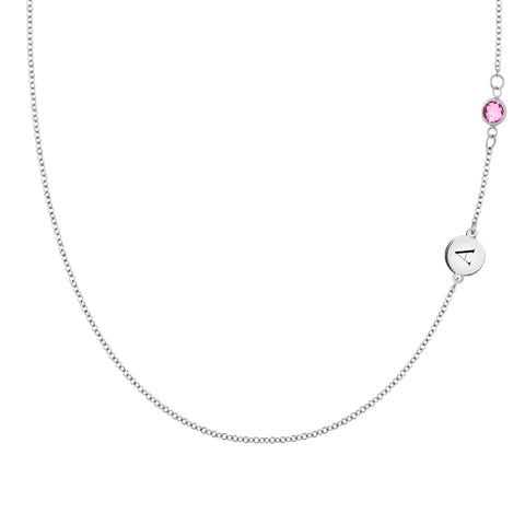 1 Letter & 1 Petite Pink Sapphire Necklace in 14k Gold (October) - White Gold