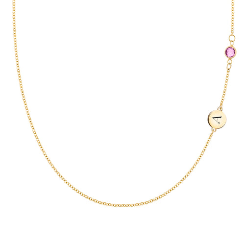 1 Letter & 1 Petite Pink Sapphire Necklace in 14k Gold (October)