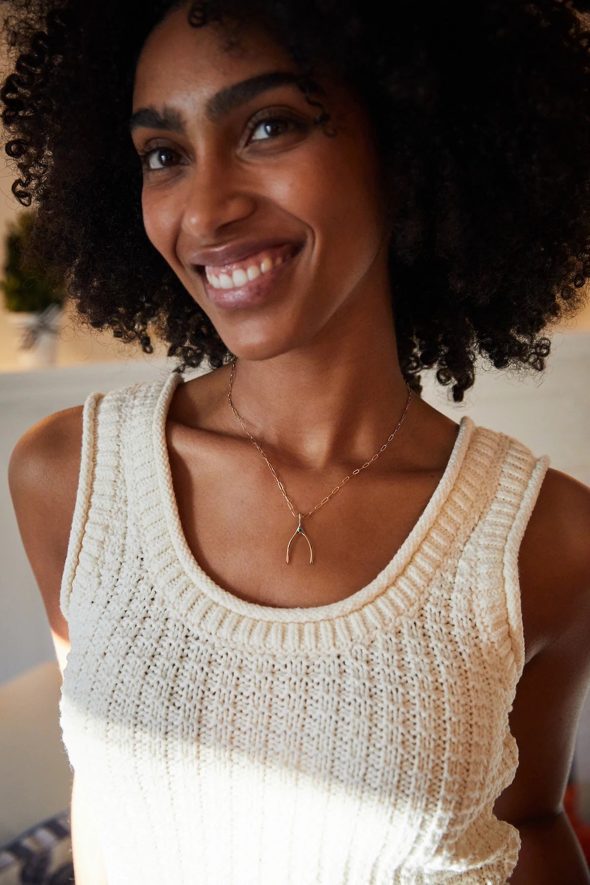 Large Emerald Wishbone Pendant in Solid 14k Gold (May)