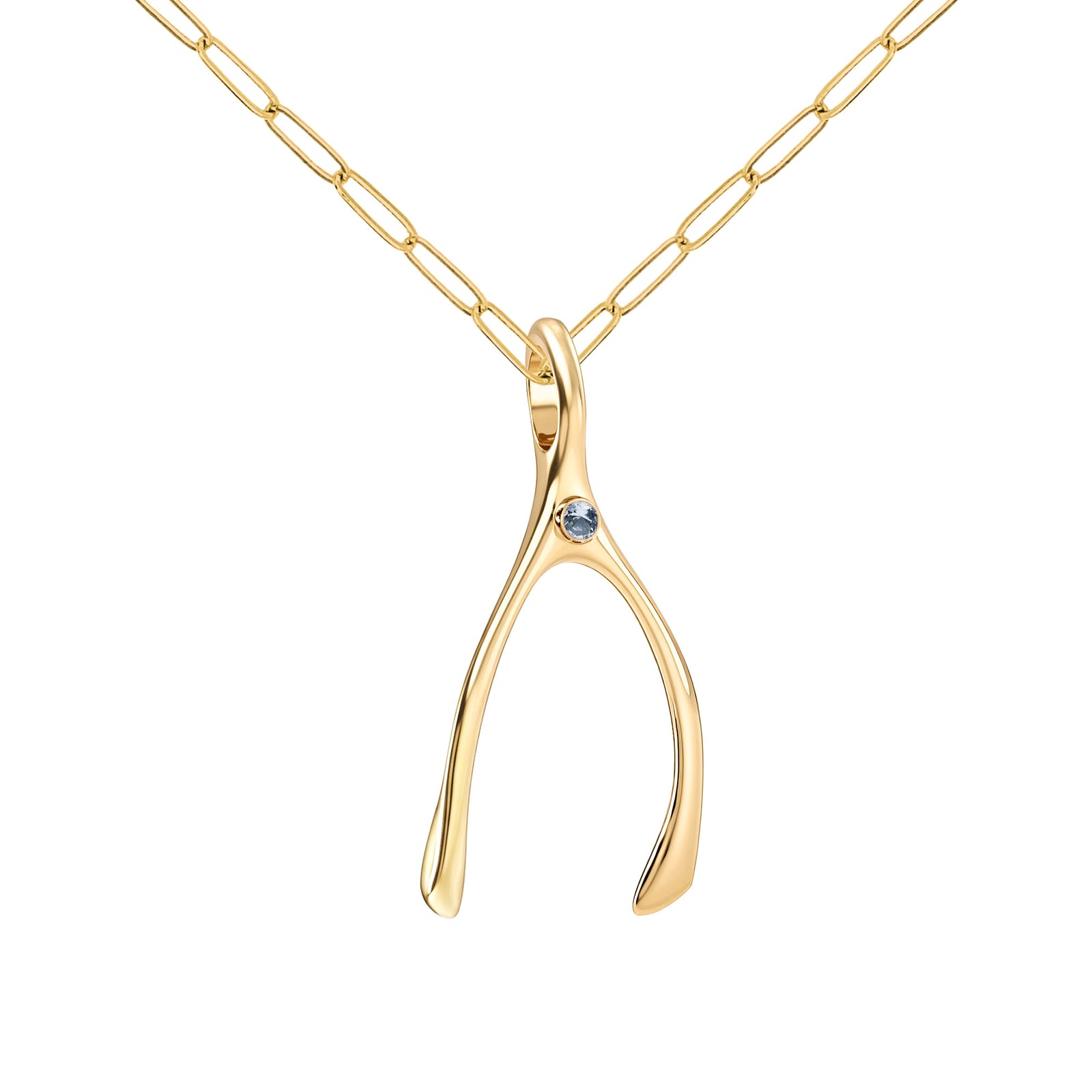 Large Aquamarine Wishbone Pendant in Solid 14k Gold (March)