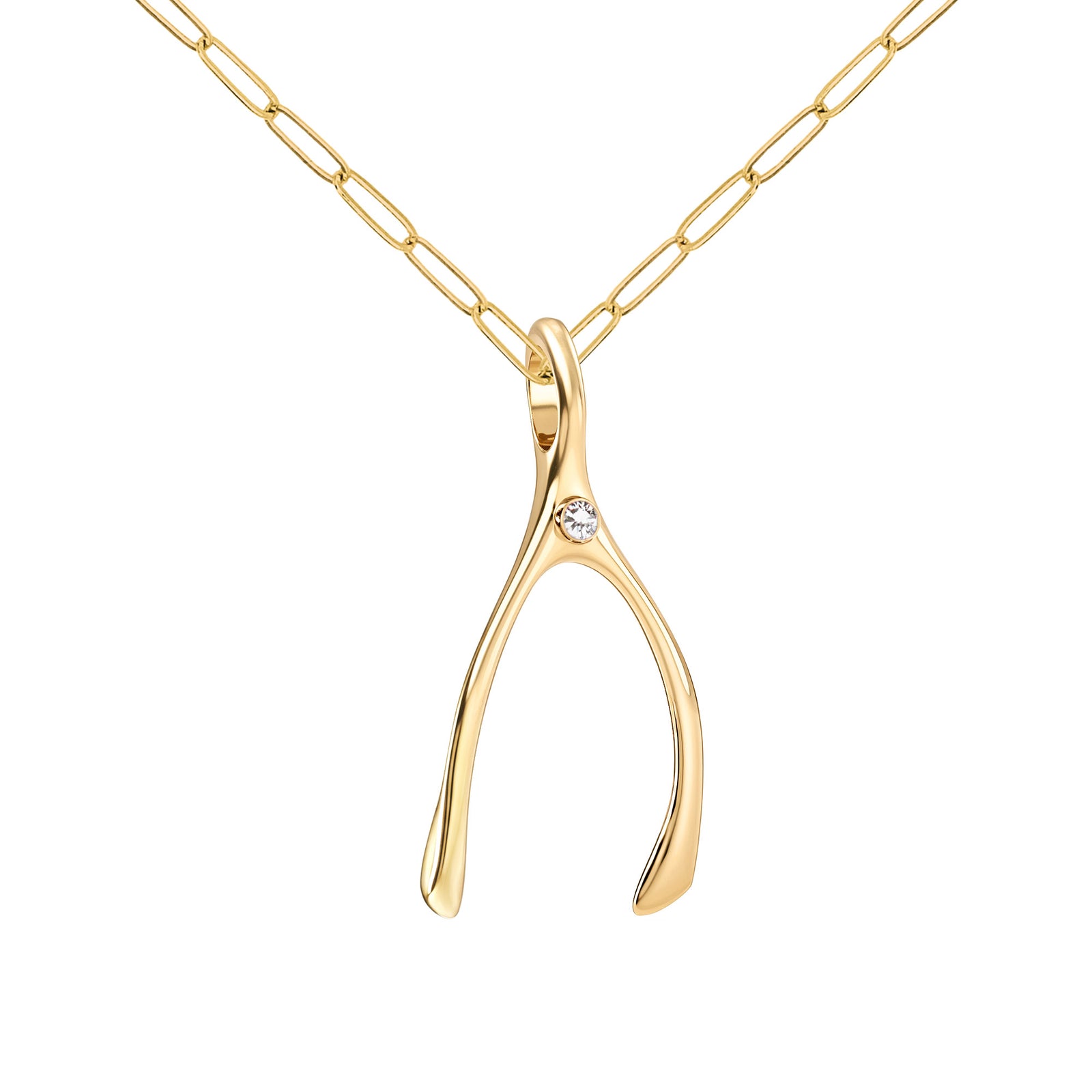 Large Diamond Wishbone Pendant in Solid 14k Gold (April)