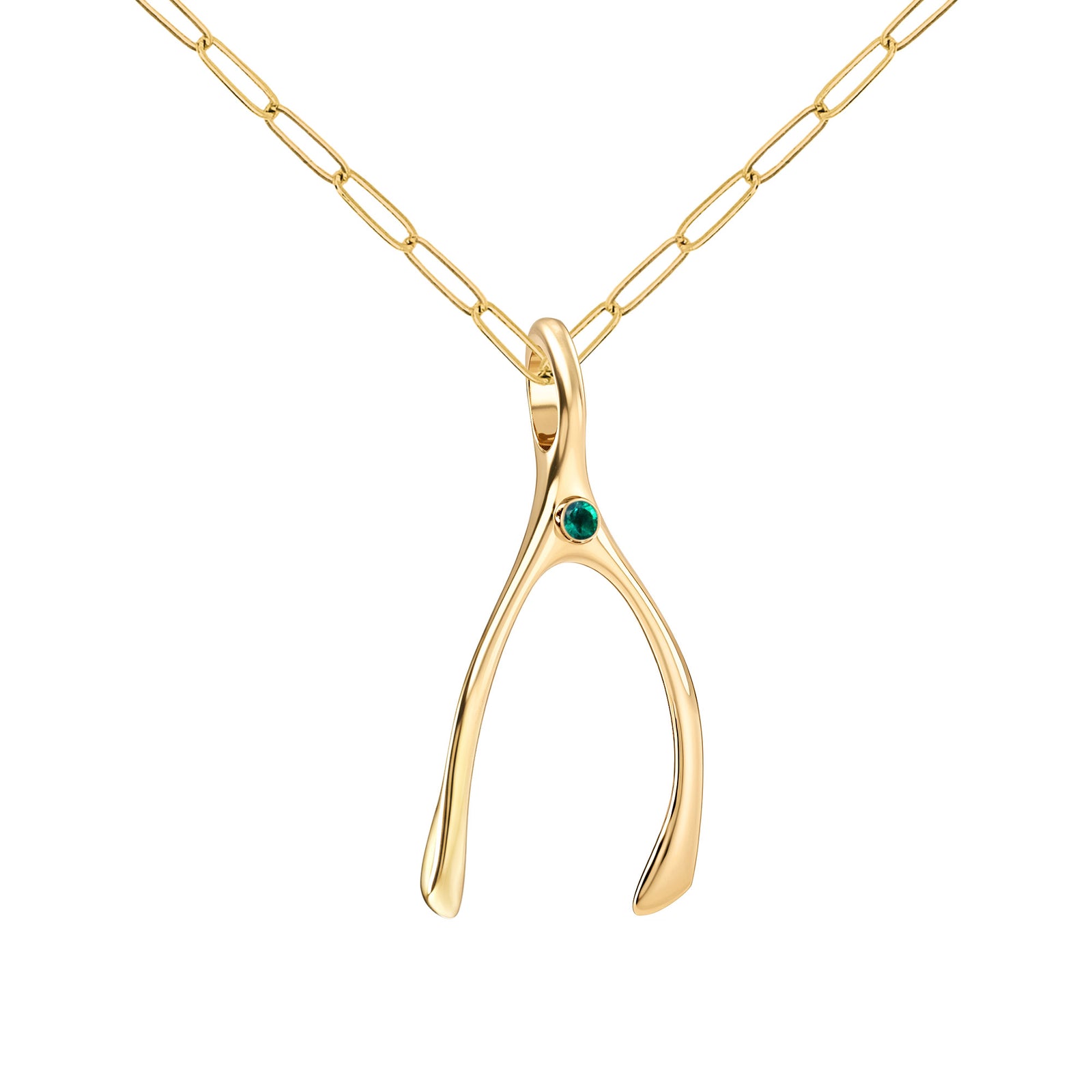 Large Emerald Wishbone Pendant in Solid 14k Gold (May)