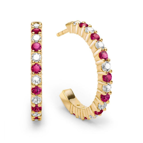 Rosecliff Diamond & Ruby Hoop Earrings in 14k Gold (July)