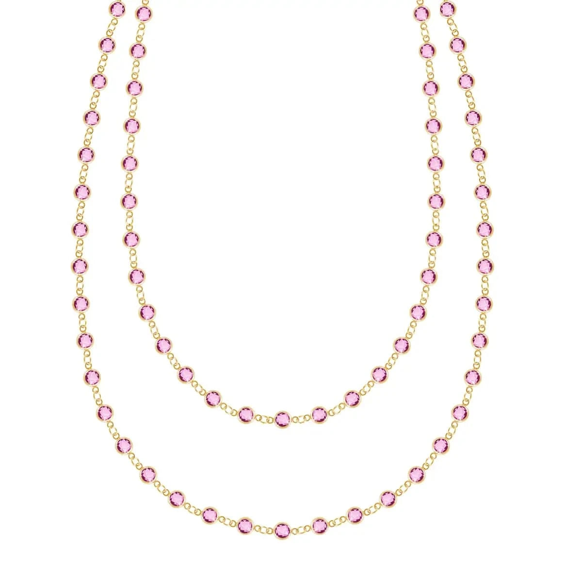 Newport Wrap necklace featuring 4 mm briolette cut Pink Sapphires bezel set in 14k yellow gold - front view