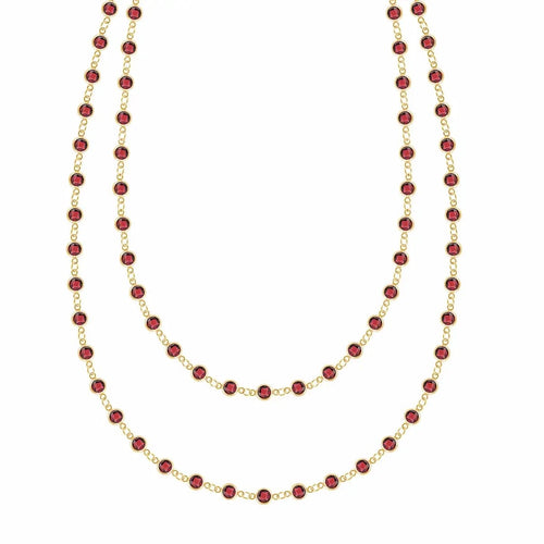 Newport Wrap necklace featuring 4 mm briolette cut garnets bezel set in 14k yellow gold - front view