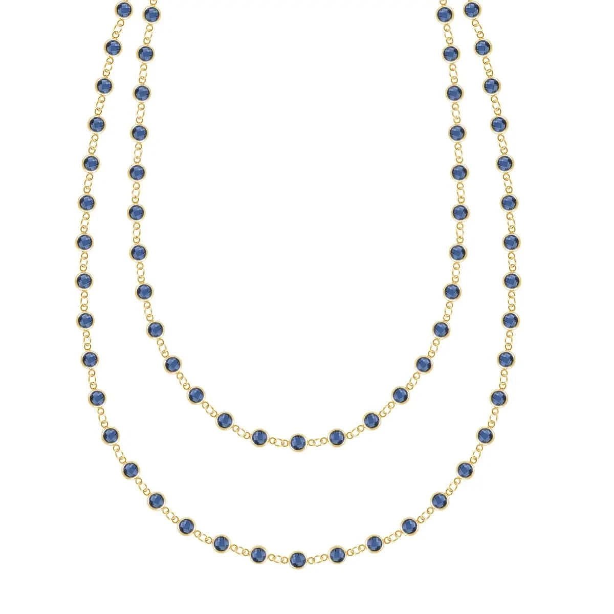 Newport Wrap necklace featuring 4 mm briolette cut sapphires bezel set in 14k yellow gold - front view
