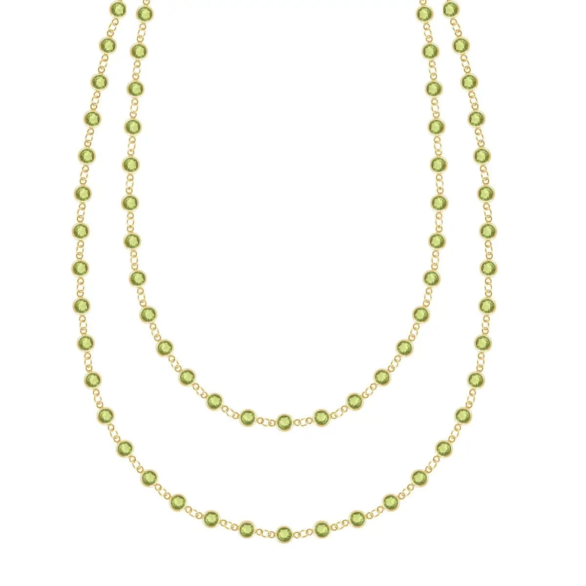 Newport Wrap necklace featuring 4 mm briolette cut peridots bezel set in 14k yellow gold - front view