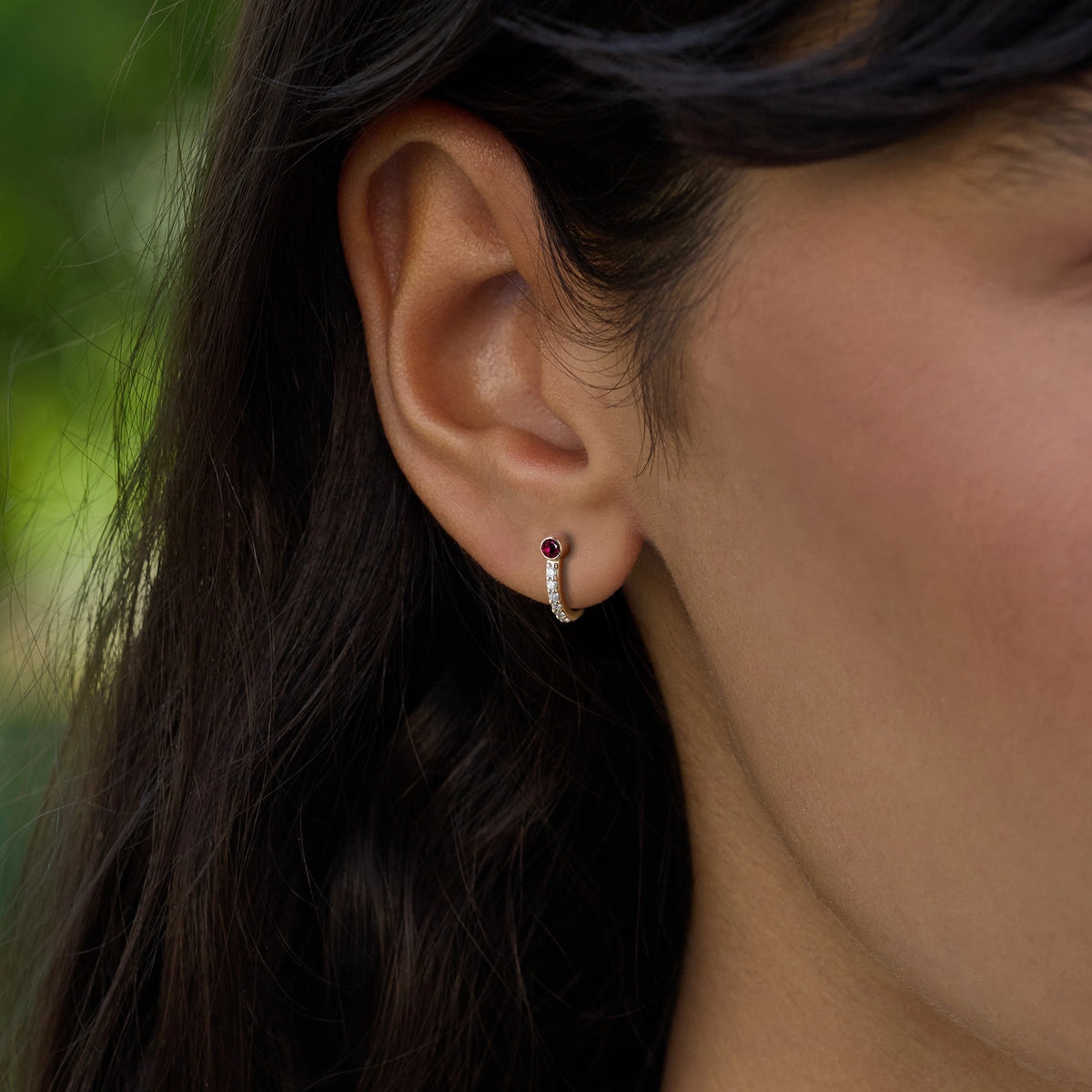 Ruby Huggie Hoops with Diamonds in 14k Gold (July)