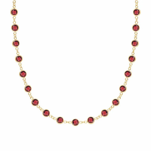 Newport necklace featuring nineteen 4mm garnets bezel-set in 14k yellow gold – front view, close-up