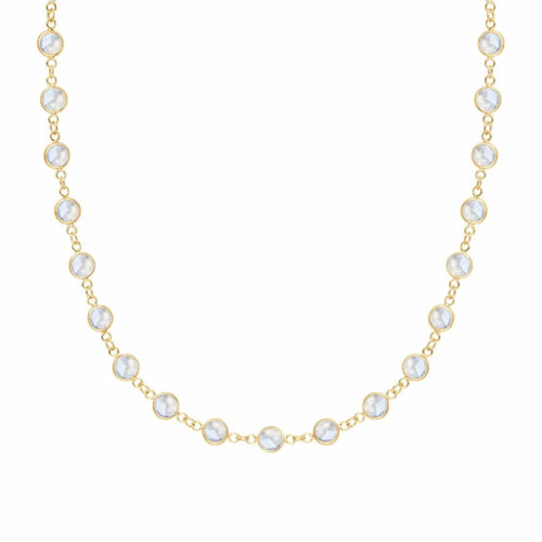 Newport necklace featuring nineteen 4 mm briolette cut moonstones bezel set in 14k yellow gold - front view