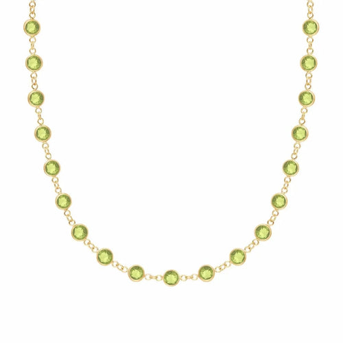 Newport necklace featuring nineteen 4 mm briolette cut peridots bezel set in 14k yellow gold - front view