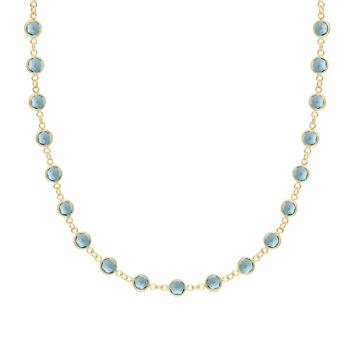 Newport necklace featuring nineteen 4 mm briolette cut Nantucket blue topaz bezel set in 14k yellow gold - front view