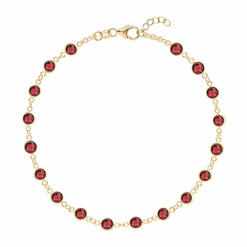 Newport 14k yellow gold bracelet featuring eighteen 4 mm briolette cut bezel set garnets - front view
