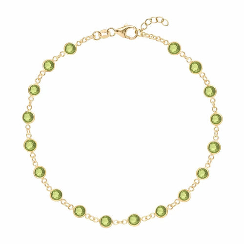 Newport 14k yellow gold bracelet featuring eighteen 4 mm briolette cut bezel set peridots - front view