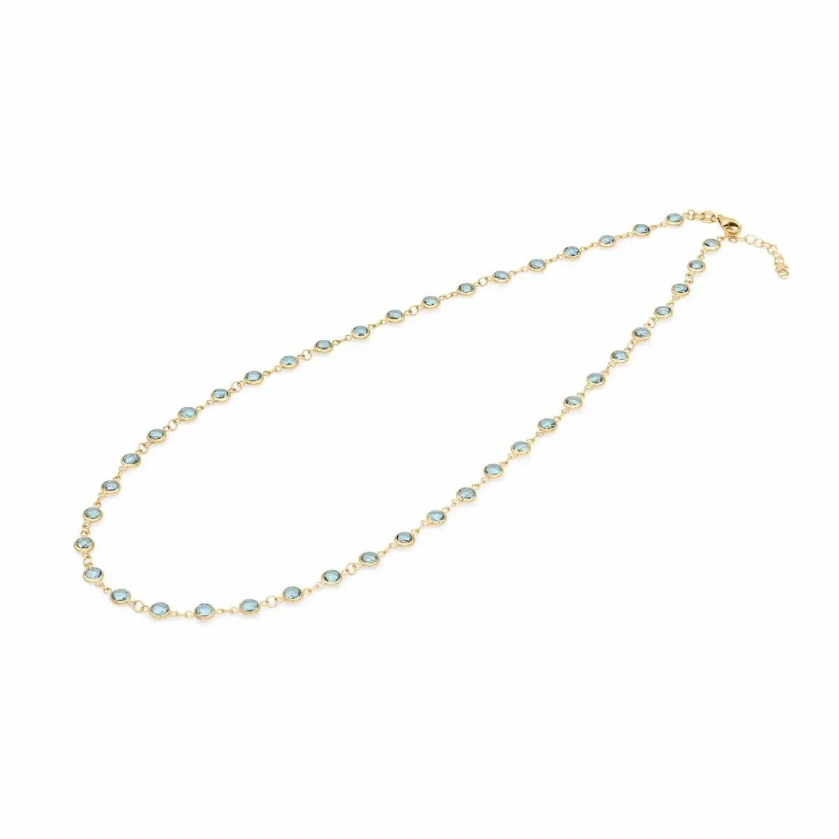 Newport necklace featuring forty-two 4 mm briolette cut Nantucket blue topaz bezel set in 14k yellow gold