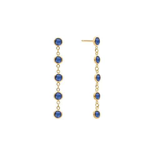 A pair of Newport earrings each featuring five 4 mm briolette cut sapphires bezel set in 14k yellow gold