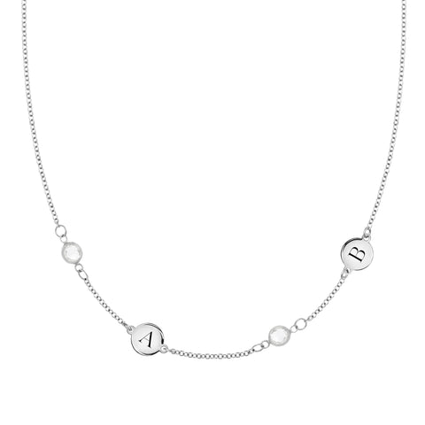 2 Letter & 2 Petite Birthstone Necklace in 14k Gold (Double Spacing) - White Gold