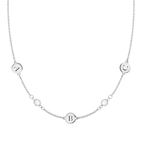 3 Letter & 2 Petite Birthstone Necklace in 14k Gold (Double Spacing) - White Gold