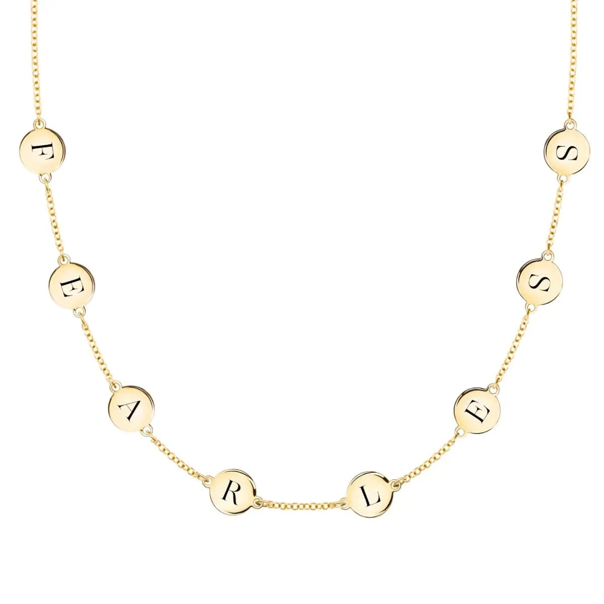 14k yellow gold cable chain necklace featuring eight 1/4” flat engraved letter discs, spelling Fearless - front view