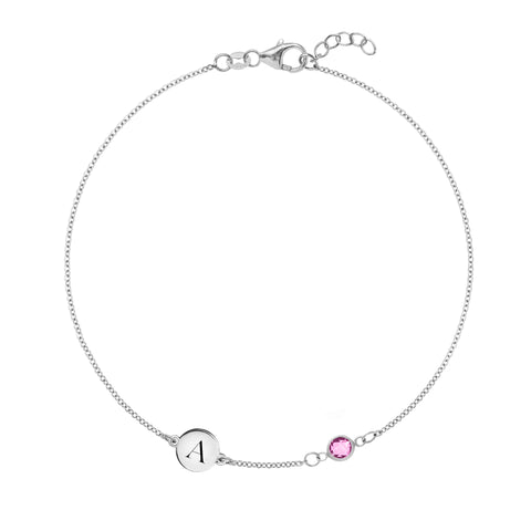 1 Letter & 1 Grand Pink Sapphire Adelaide Mini Bracelet in 14k Gold (October) - White Gold