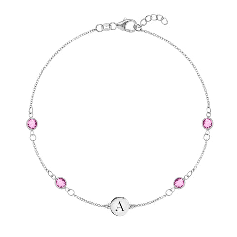 1 Letter & 4 Petite Pink Sapphire Bracelet in 14k Gold (October) - White Gold