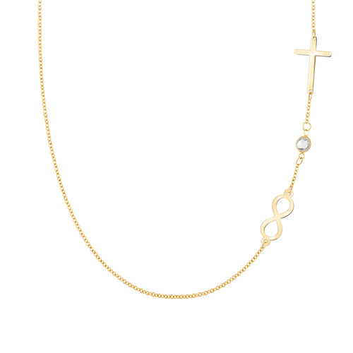 Infinity & Cross with 1 Petite Birthstone Necklace in 14k Gold