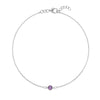 Classic cable chain bracelet featuring one briolette cut amethyst bezel set in 14k white gold